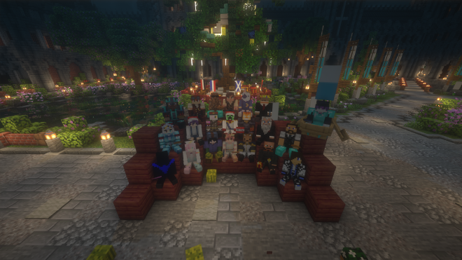 Photo of Pavian nobility sitting together under the Townhall christmas tree.